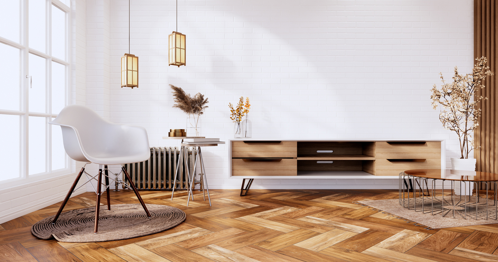 Tv Cabinet in Loft Interior White Brick Wall Room Minimal Design